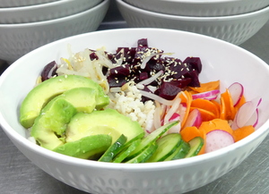 Avocado and beet vegan poke with brown rice
