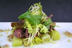 Warm duck and leek salad with mustard vinaigrette
