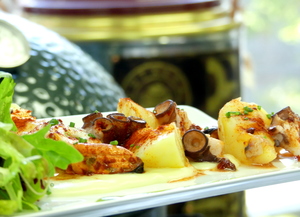 Octopus and mussels salad with bacon sauce