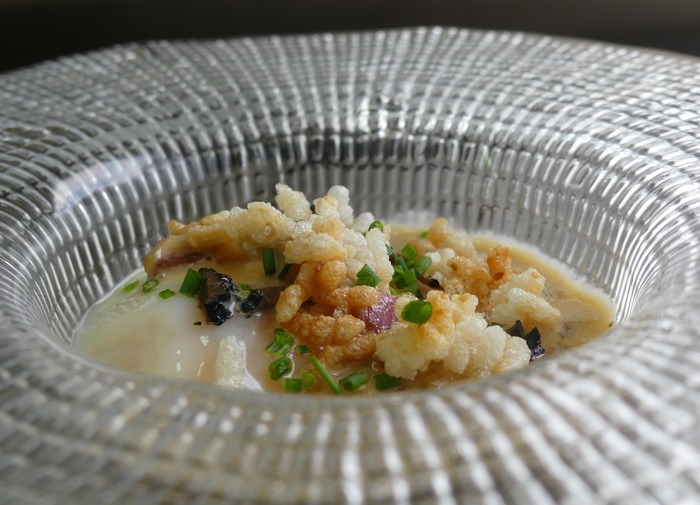 Low-temperature truffle yolk with boletus cream, Iberian ham and puffed rice (TAPA)