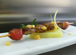 Lacquered lamb sweetbread skewer