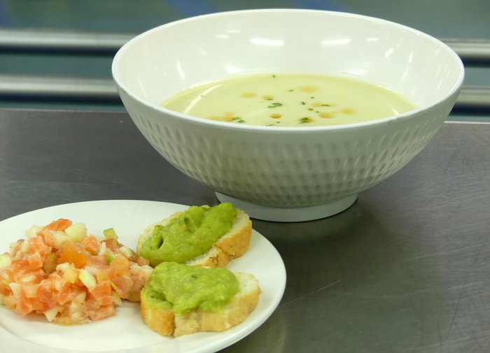 Vichyssoise with salmon tartar, tomato, granny smith  and guacamole toast