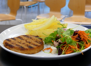 Vegan soy hamburger, potato wedges, tofu and beet salad