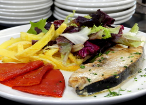 Grilled albacore with garlic salad, piquillo peppers and roast potato