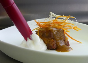 Stewed veal cheeks and pumpkin mille-feuille with bacon foam