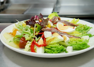 Fresh cheese, salt-cured anchovy salad and lettuce heart salad