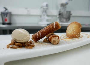 Pinion rolls filled with hazelnut mousse and cinnamon ice cream