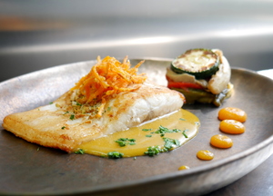 Saffron sea bass with sautéed cauliflower florets and Derio butternut squash