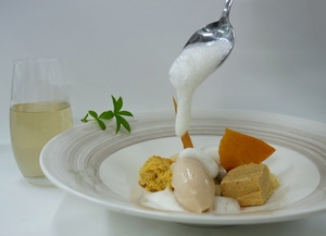 Lemon verbena soup, cereal cake and Williams-lemon verbena sorbet