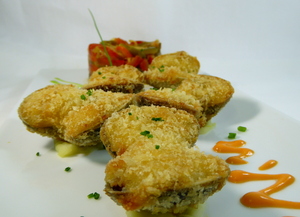 Almejas rellenas de gambas con piperrada