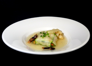 Courgette, mussels, mushrooms and shellfish consommé raviolis