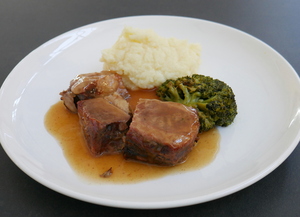 Low temperature roasted veal flank with creamy mashed potatoes
