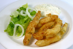 Battered hake sticks with tartar sauce