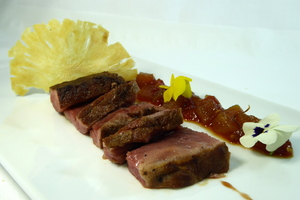 Roasted iberian pork with lukitxene style chutney