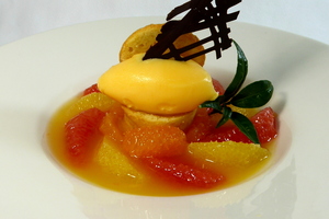 Citrus assortment with sherbet and four quarter sponge cake