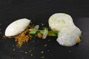 Different textures of lime, coriander cream, tequila, cayenne and lychee sherbet