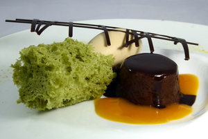 Chocolate pudding with Early grey tea ice cream and pistachio sponge 