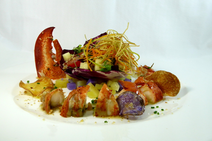 Lobster and potato salad with dried fruit and nut vinaigrette 