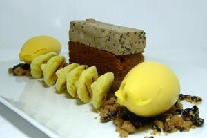 Passion-fruit sherbet, black sesame seeds, coffee sponge chocolate cake 