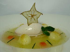 Cold melon and mint soup with banana ice cream