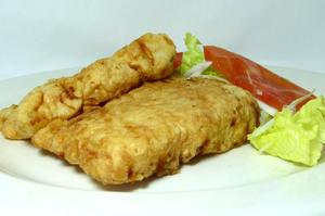 Battered hake with salad