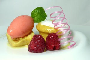 Sponge cake soaked in three different style milk with guava sherbet and  spiral-shaped caramel