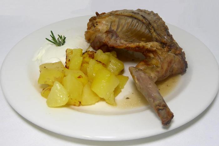 Roasted rabbit with rissole potatoes and fine herb alioli