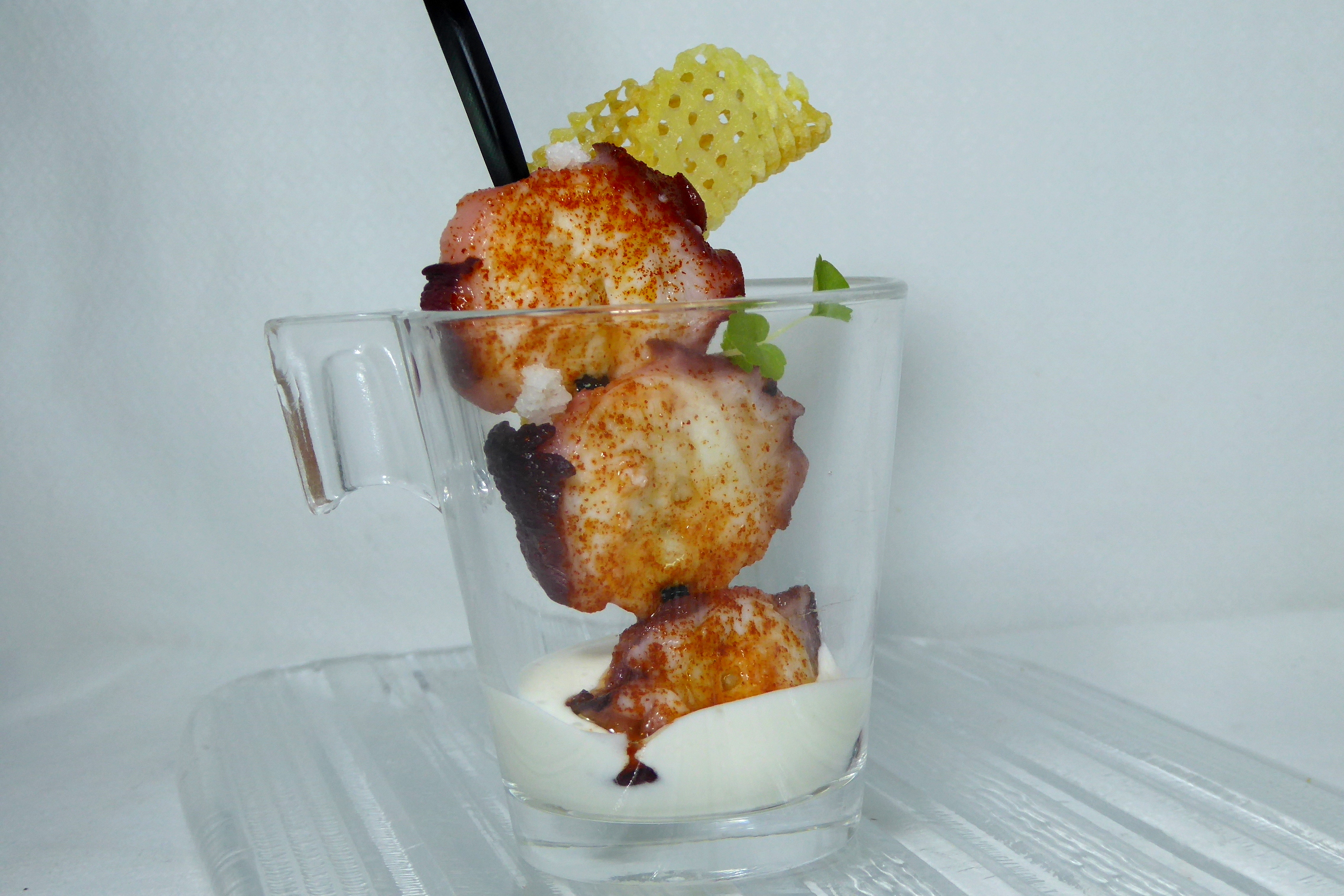 Octopus Skewers with Potato Cream and Bacon