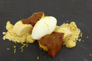 Caramelised banana, miso pannacotta and ginger lemon sorbet