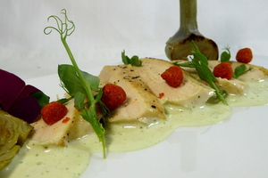 Lumagorri (free range) chicken breast with wasabi mustard foam and red gomasio