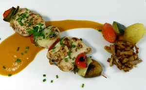 Monkfish and scallop skewer with seafood sauce