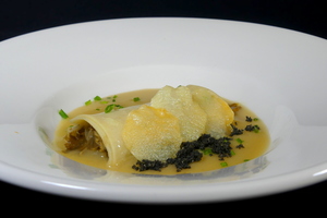 Chanterelle mushrooms cannelloni with coconut vichyssoise