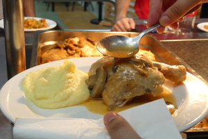 Roast chicken with mushroom stew and mashed potatoes