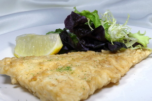 Battered cod and salad