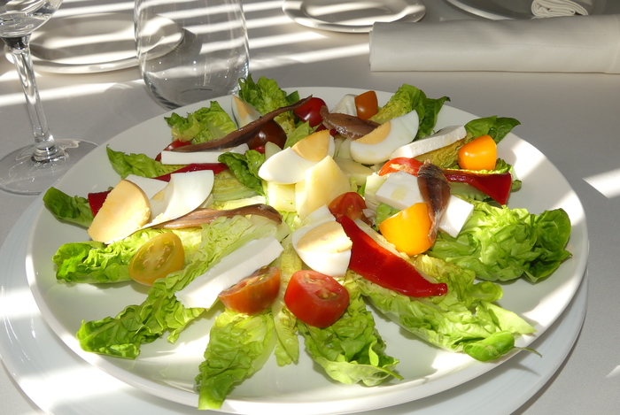 Fresh cheese, salt-cured anchovy salad and lettuce heart salad