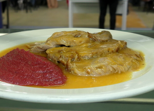 Braised pork loin with beetroot purée