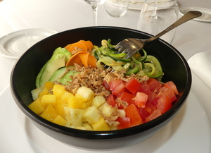 Mango and pineapple vegan poke with white rice