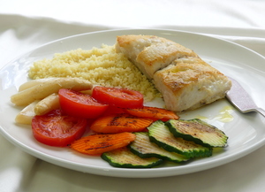 Grilled hake with couscous and grilled vegetables