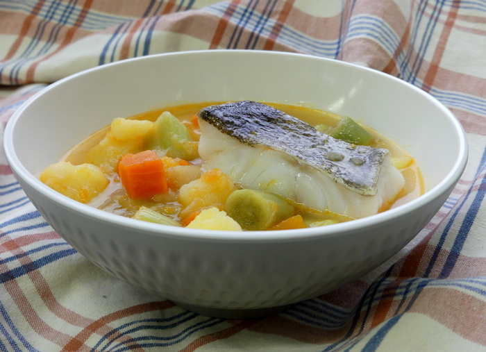 Porrusalda (leek and potato stew) with pumpkin and cod